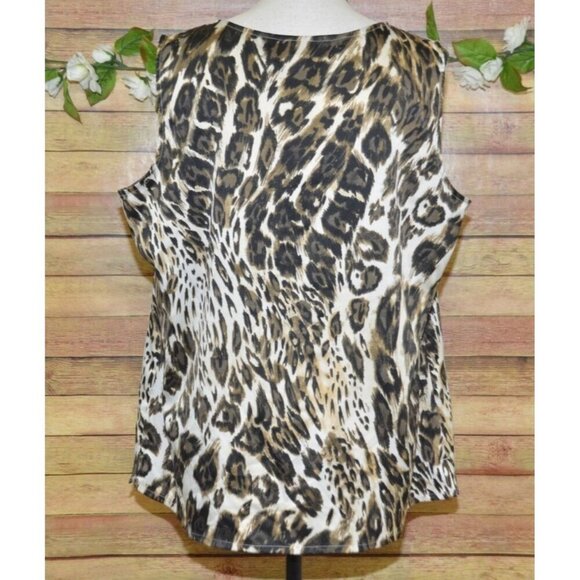 Chico's Ladies XL 16 Brown Mixed Animal Print Sleeveless Blouse Pleated Collar - Picture 6 of 10